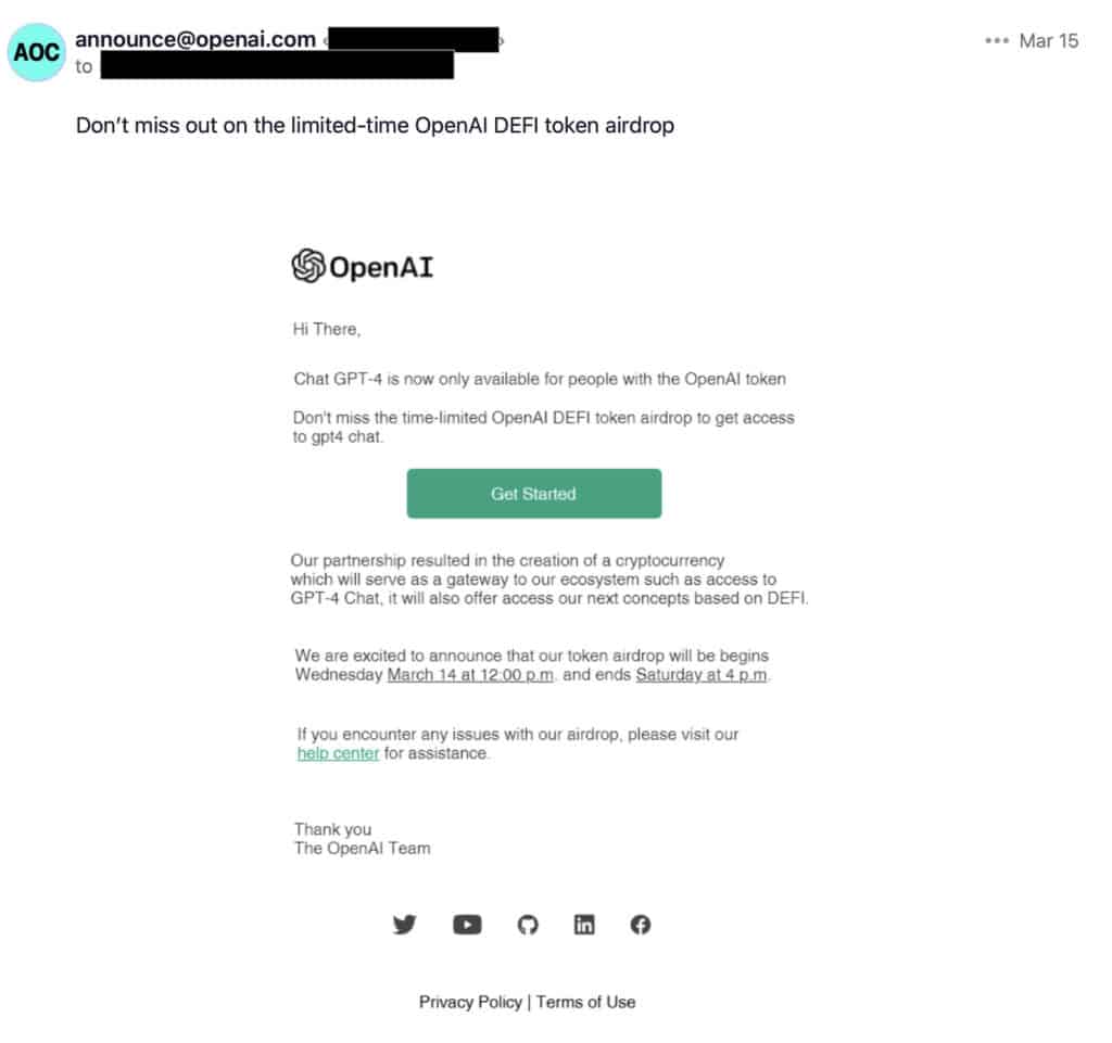 ChatGPT phishing email